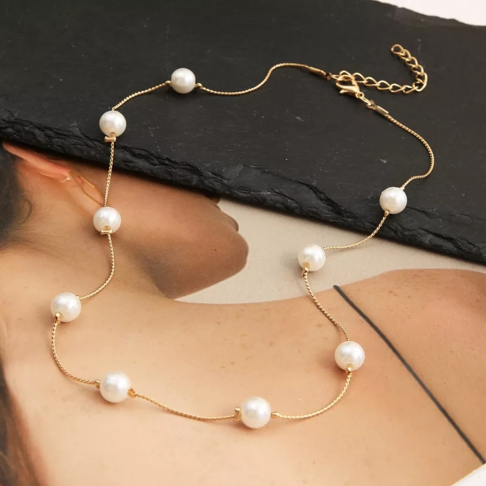 NEW IMITATION PEARL BEADS GOTH CHAIN CLAVICLE KPOP LINK CHOKER GOLD NECKLACE - Picture 2 of 3